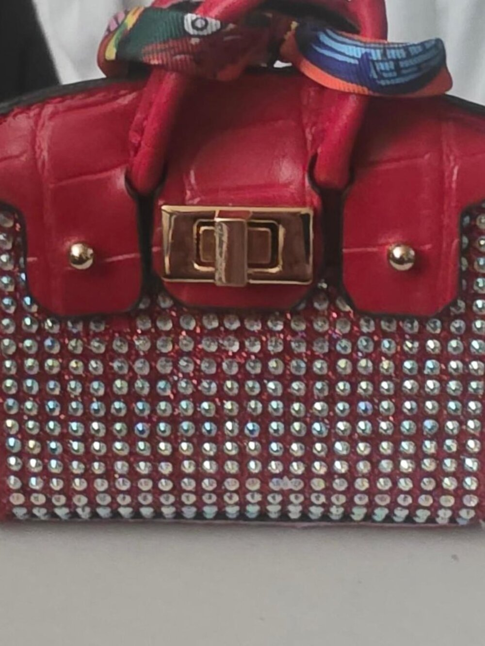 Red Crocodile Skin Texture Handbag with Silver Rhinestones
